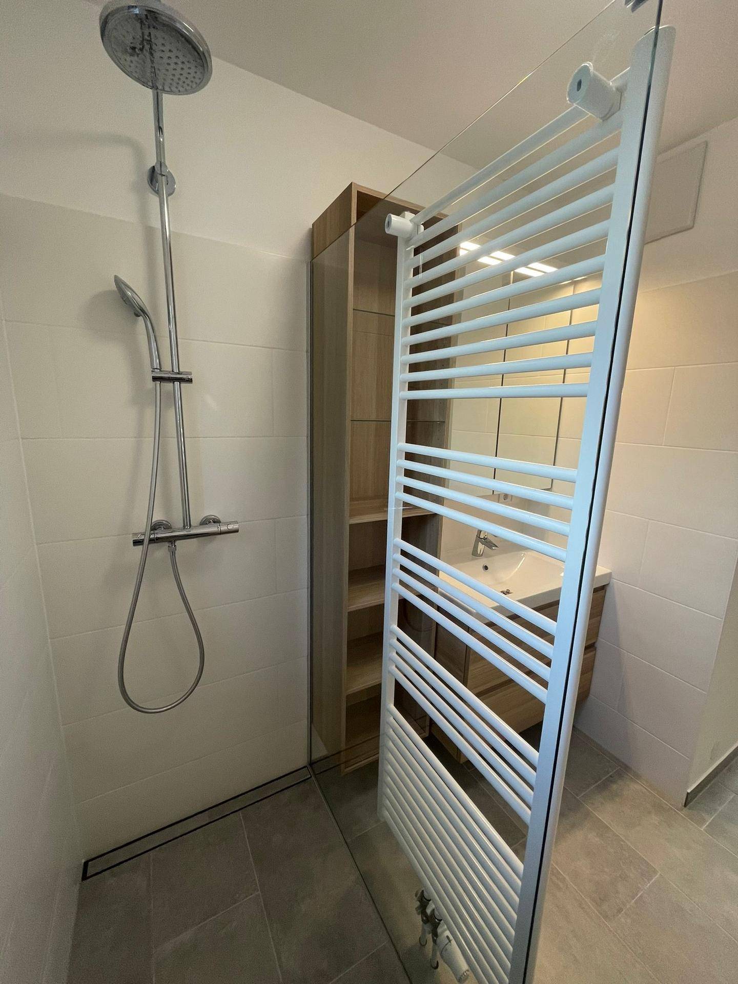Moderne Duschkabine mit Regendusche, Glasabtrennung und beheiztem Handtuchhalter.