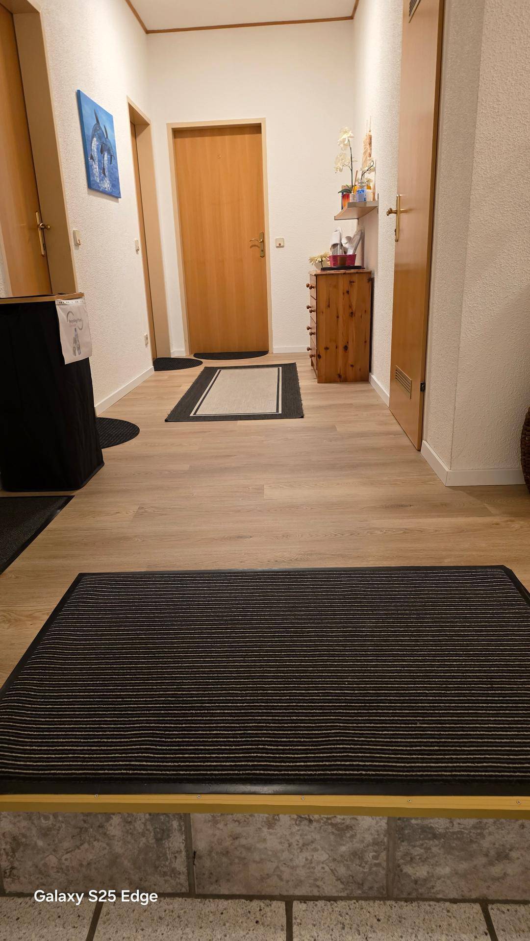 Flur mit hellem Holzfußboden, kleinem Holzschrank und gestreiftem Teppich.