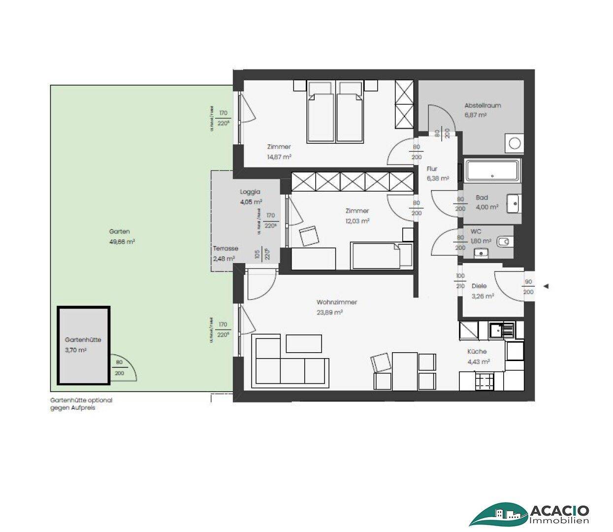Detaillierter Grundriss einer Wohnung mit Loggia, Terrasse und Gartenbereich.