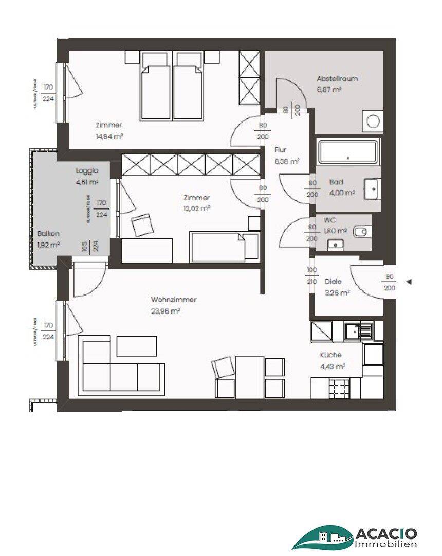 Grundriss einer Wohnung mit drei Zimmern, separater Küche, Bad, Gäste-WC, Abstellraum, Loggia und Balkon.