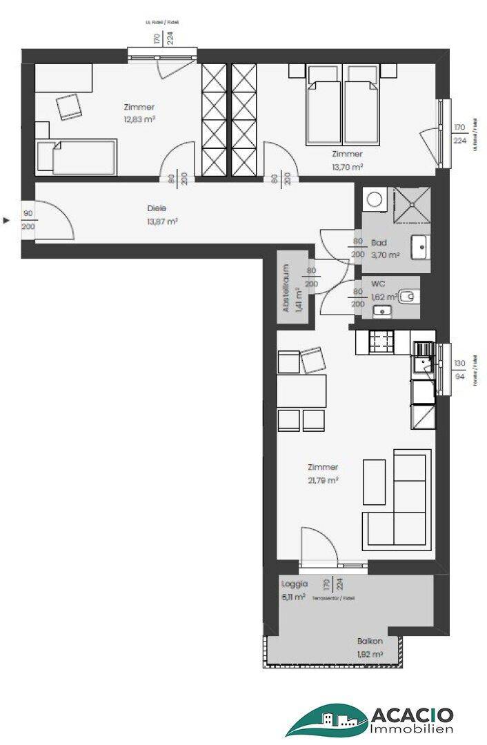 Detaillierter Grundriss der Wohnung mit Loggia und Balkon, zeigt Raumaufteilung und Flächen.