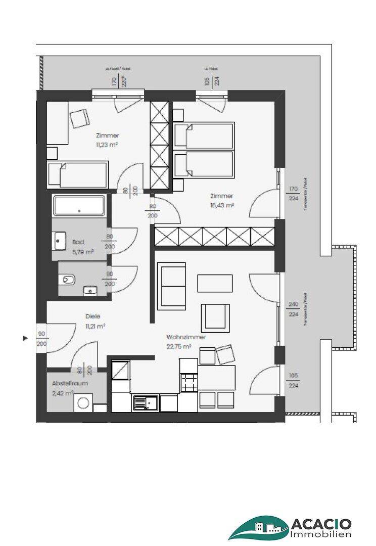 Grundriss einer modernen Wohnung mit offenem Wohnbereich, zwei Schlafzimmern und Terrasse.