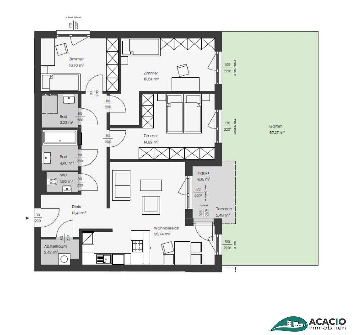 Detaillierter Grundriss einer Wohnung mit drei Zimmern, zwei Bädern, Loggia, Terrasse und Garten.