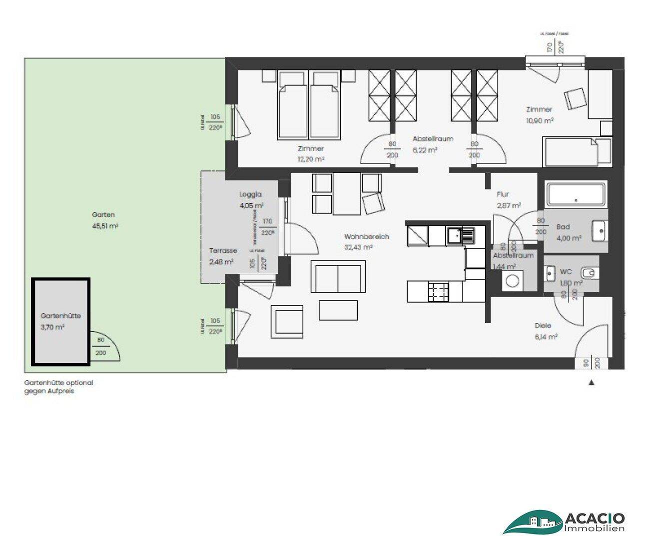 Detaillierter Grundriss einer Wohnung mit Garten, Terrasse, Loggia und offenem Wohnbereich.