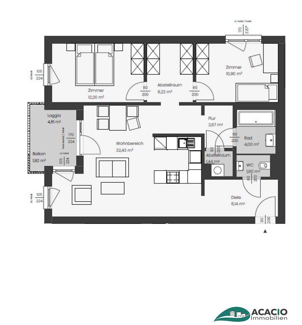Grundriss einer Wohnung mit offenem Wohnbereich, integrierter Küche, drei Zimmern, Bad, separatem WC, zwei Abstellräumen, Loggia und Balkon.