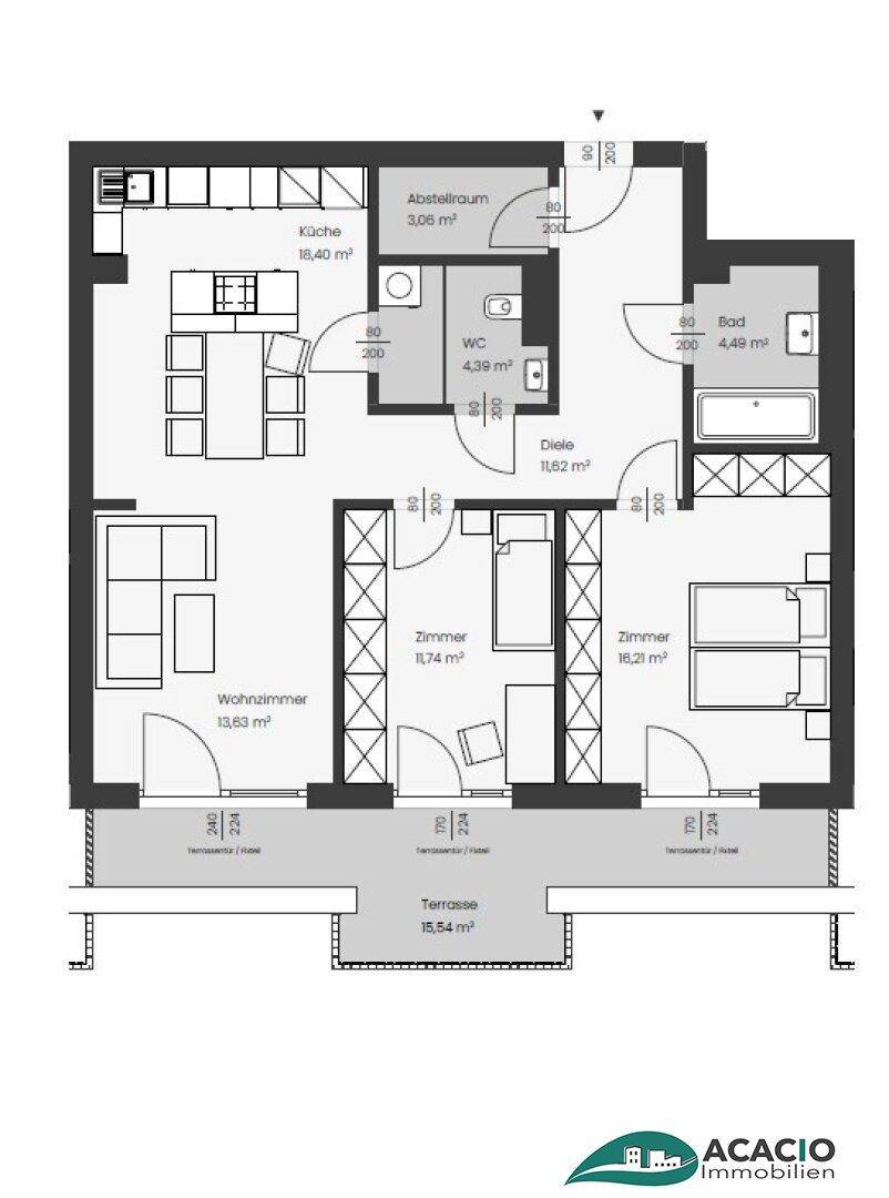Grundrissplan einer Wohnung mit offener Küche, Wohnzimmer, zwei Schlafzimmern, Bad, Gäste-WC und großer Terrasse.