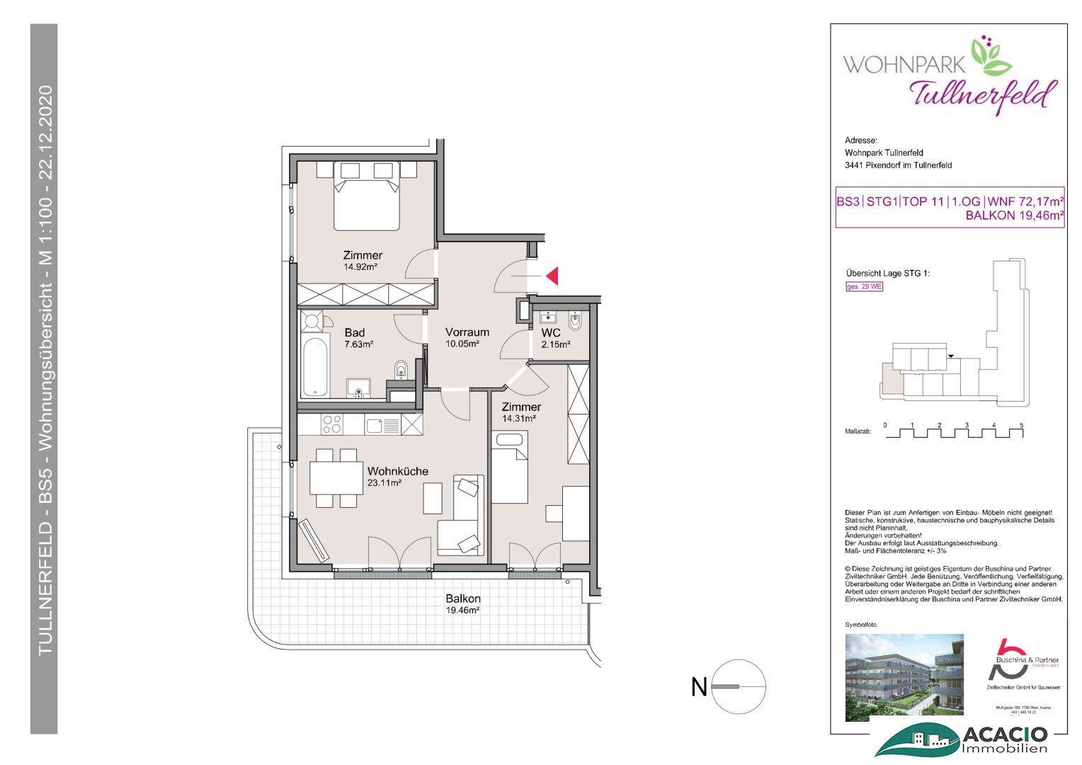 Grundriss einer Wohnung mit zwei Zimmern, Wohnküche, Bad, separatem WC und Balkon.