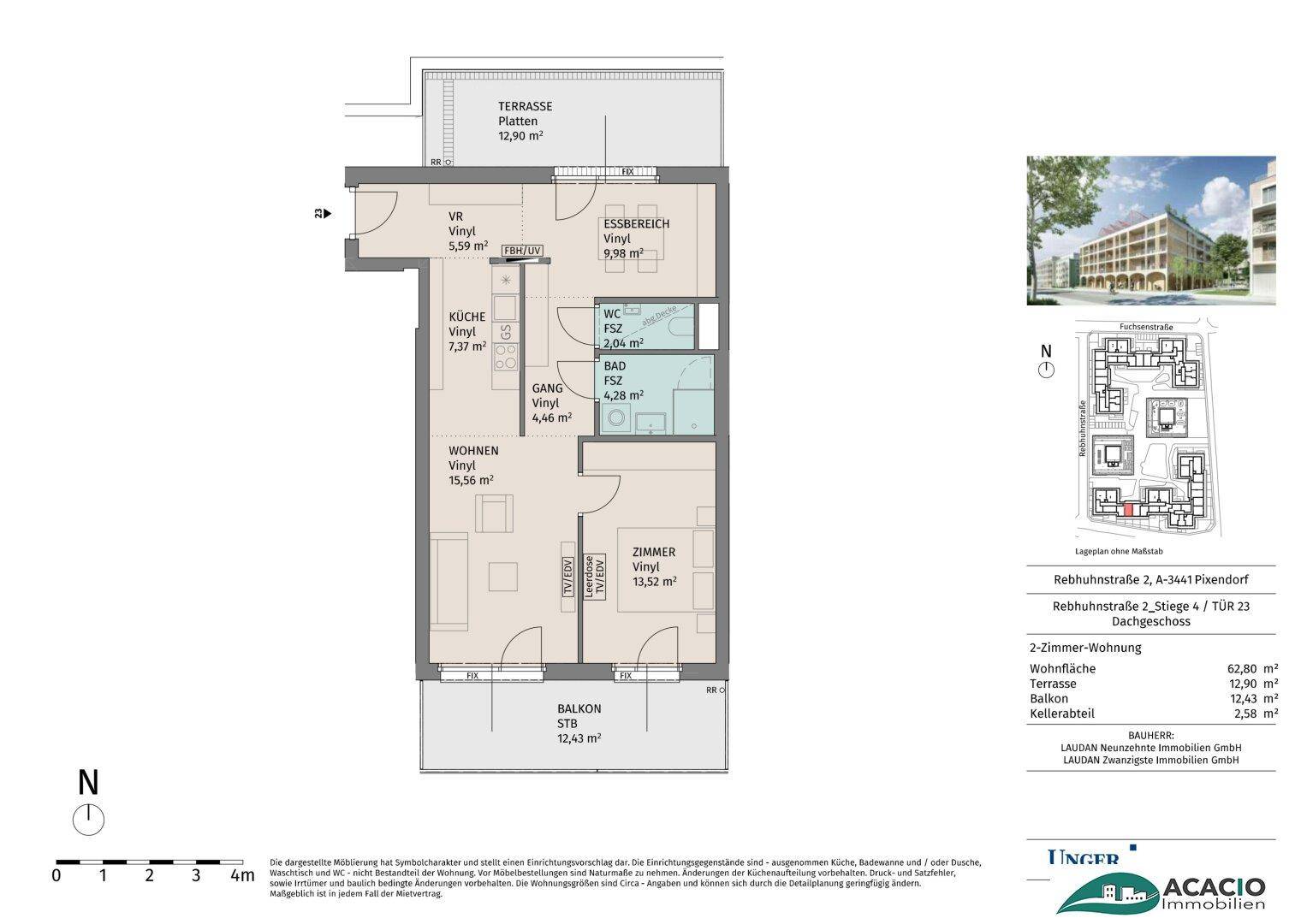 Grundriss einer 2-Zimmer-Wohnung mit offener Küche, Balkon und Terrasse.