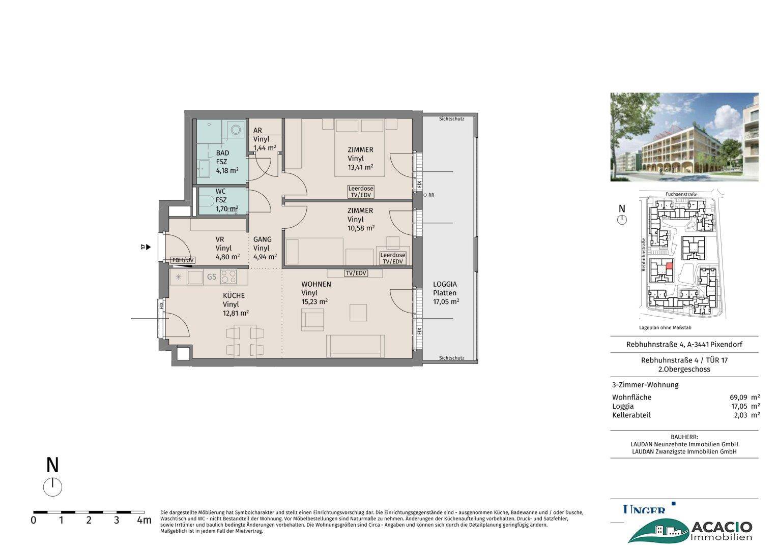 Grundriss einer 3-Zimmer-Wohnung mit Loggia und separatem Kellerabteil.