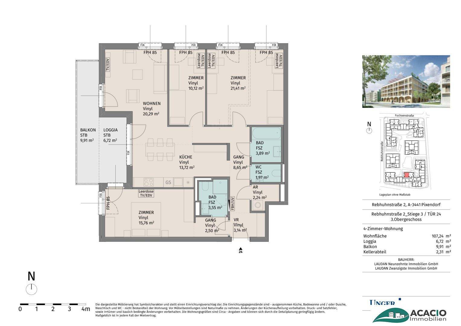 Detaillierter Grundriss einer 4-Zimmer-Wohnung mit Balkon und Loggia.