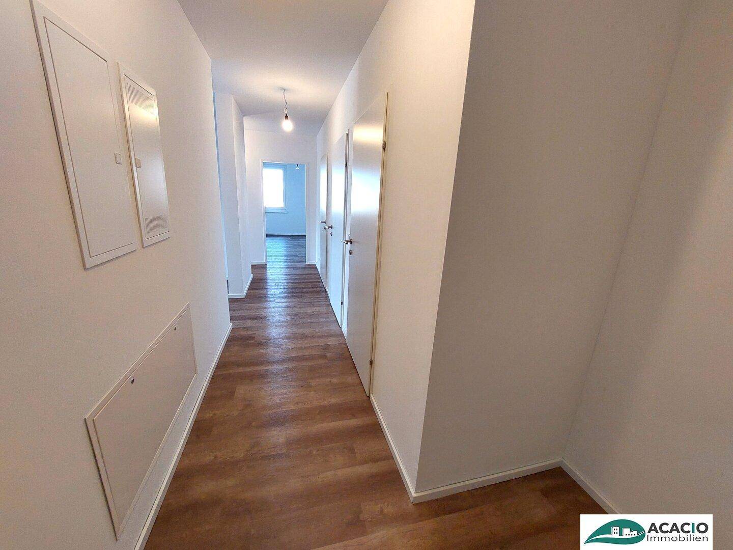 Geräumiger Flur mit Laminatboden und weiß gestrichenen Wänden, der zu den Wohnbereichen führt.