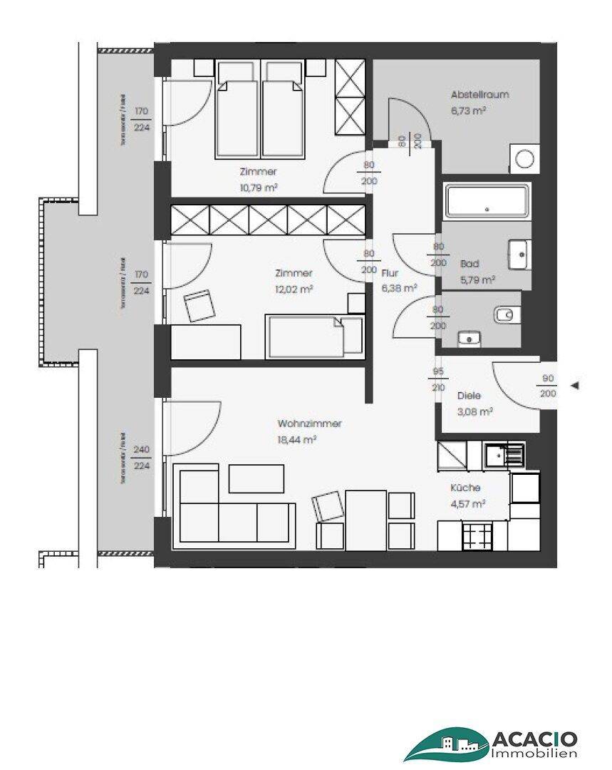 Grundriss der Wohnung Top 35 mit Wohnzimmer, Küche, Schlafzimmern und Bad.