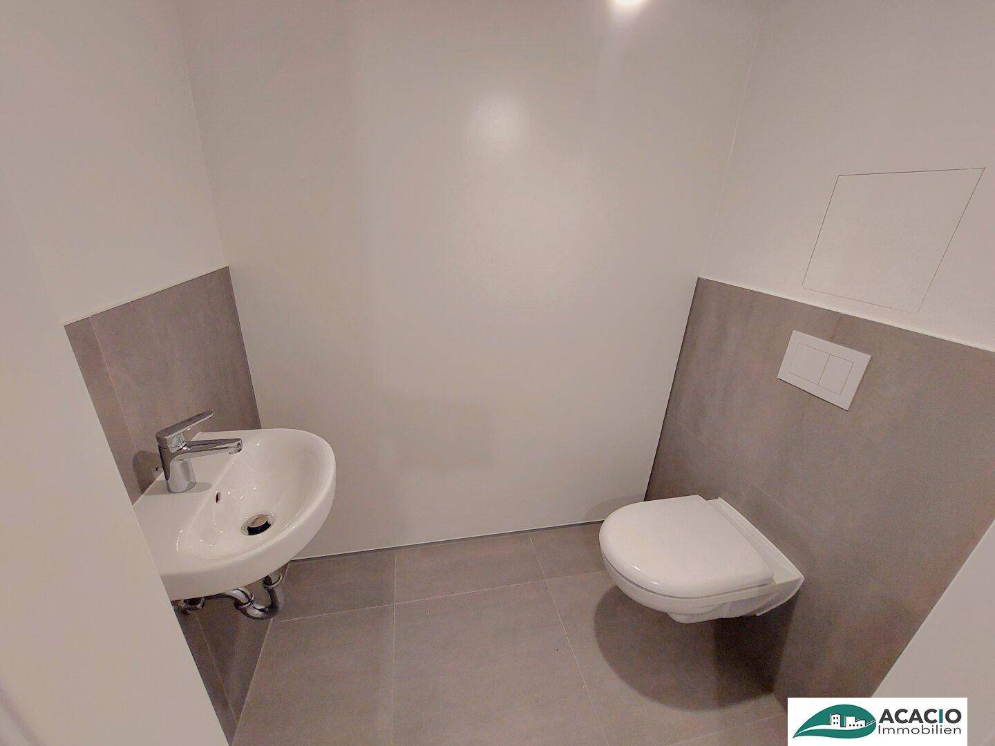 Gäste-WC mit wandhängender Toilette, kleinem Waschbecken und grauen Fliesen.