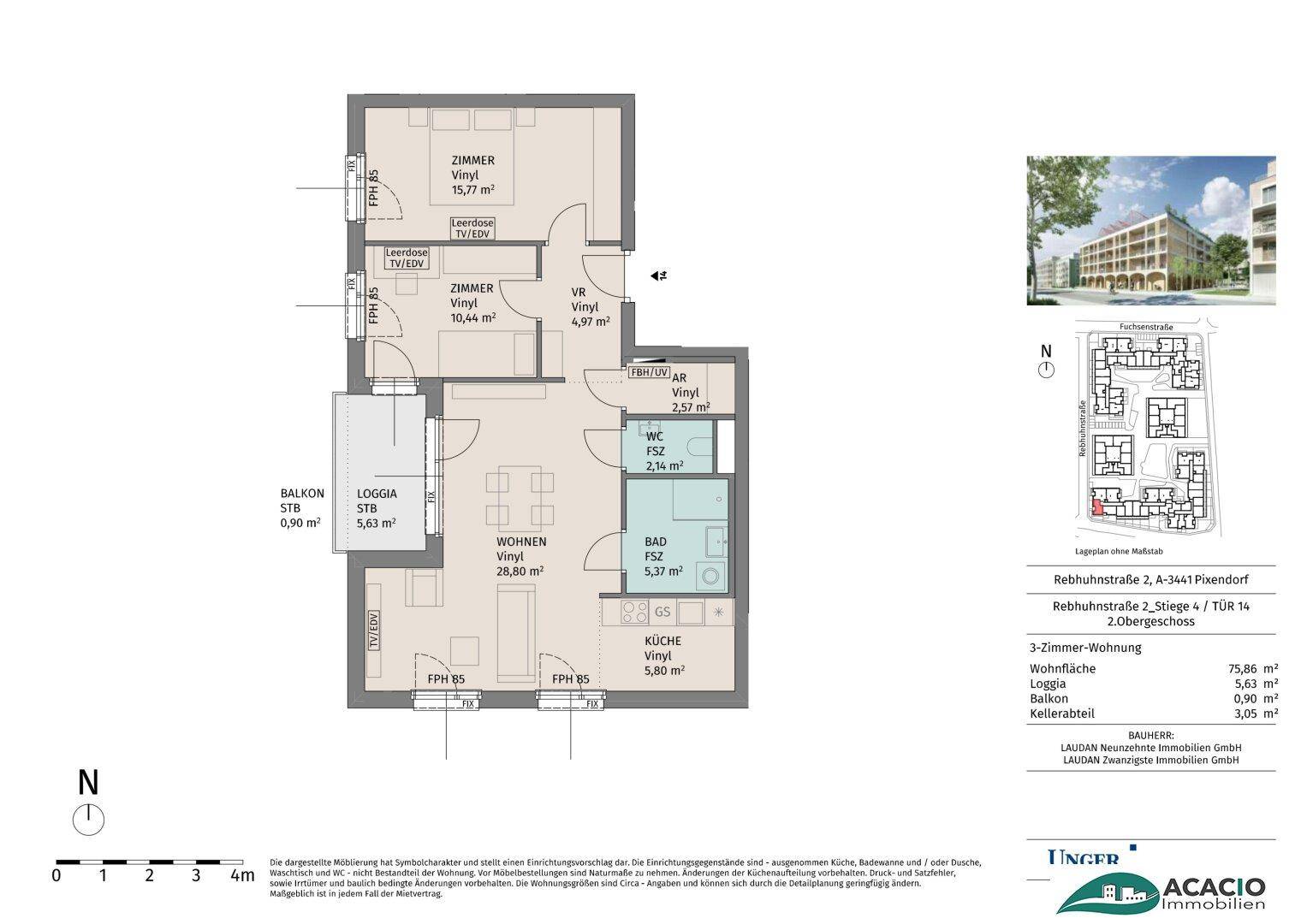 Detaillierter Grundriss einer 3-Zimmer-Wohnung mit Balkon und Loggia, inklusive Flächenangaben.