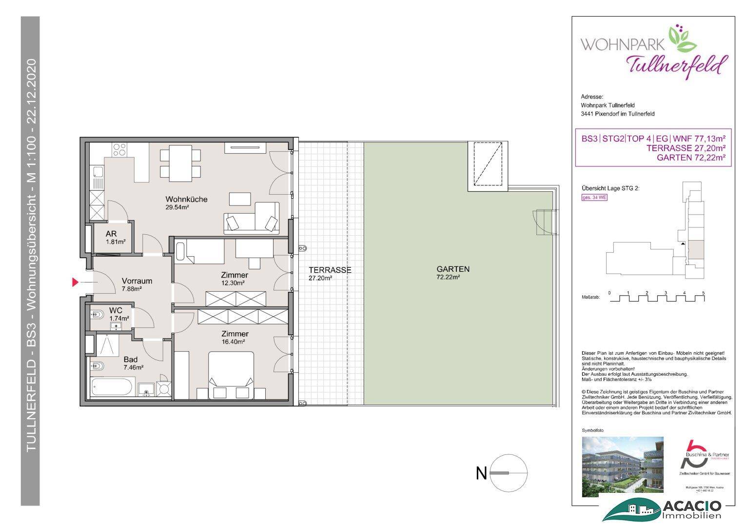 Detaillierter Grundriss einer Wohnung mit Terrasse und Garten.
