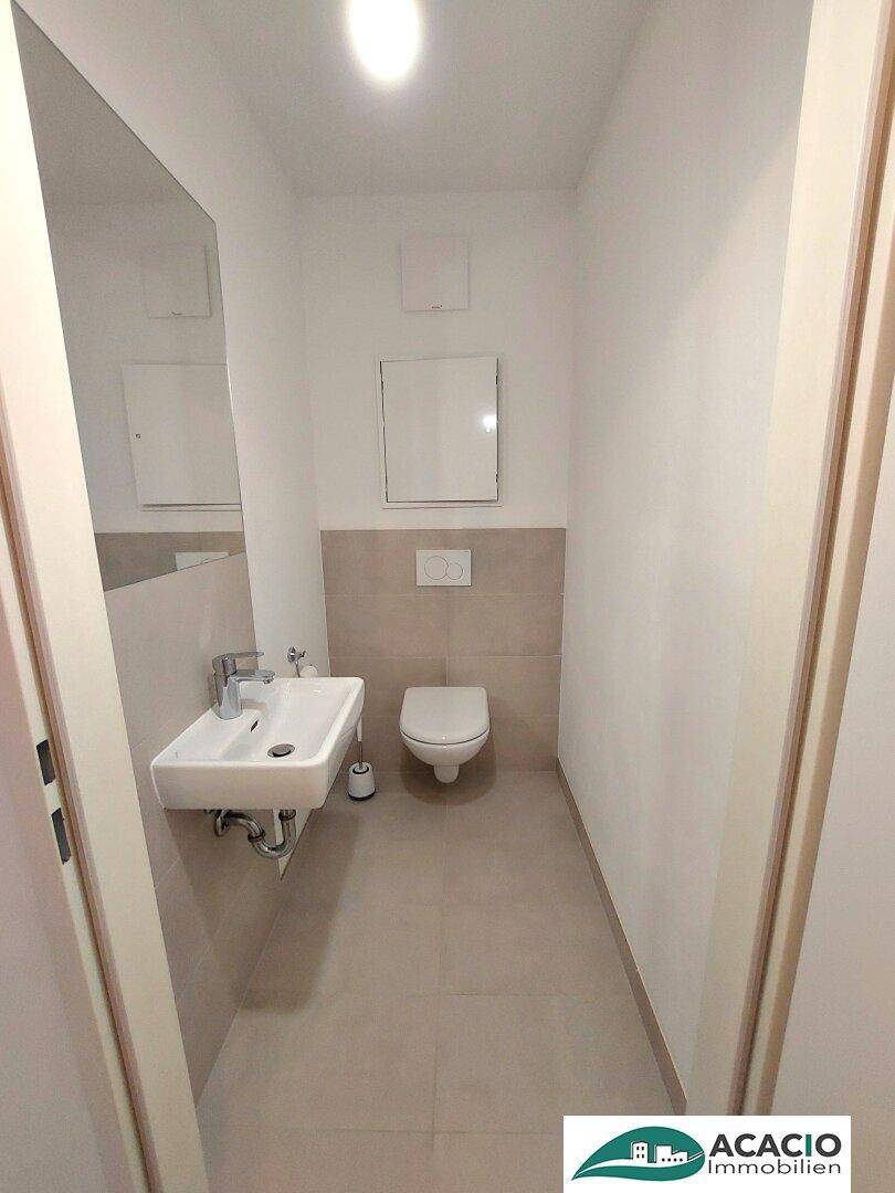 Separates Gäste-WC mit modernen grauen Fliesen, wandhängender Toilette und kleinem Waschbecken.