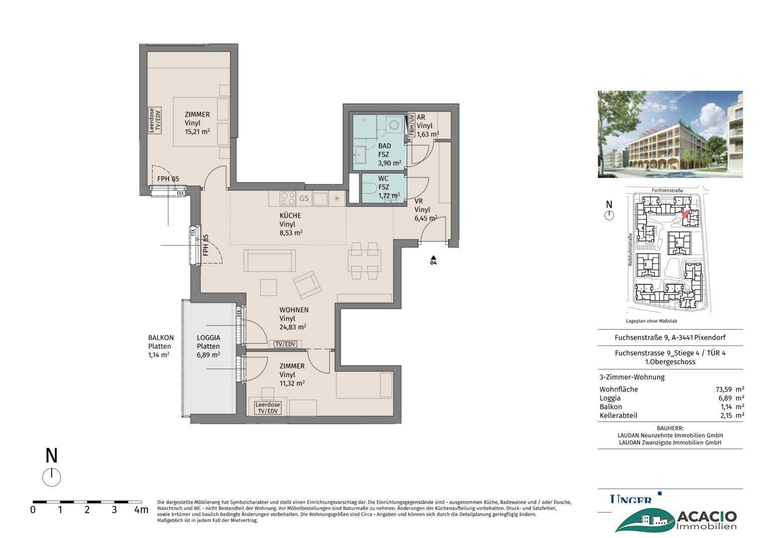 Detaillierter Grundriss einer 3-Zimmer-Wohnung mit Balkon und Loggia.