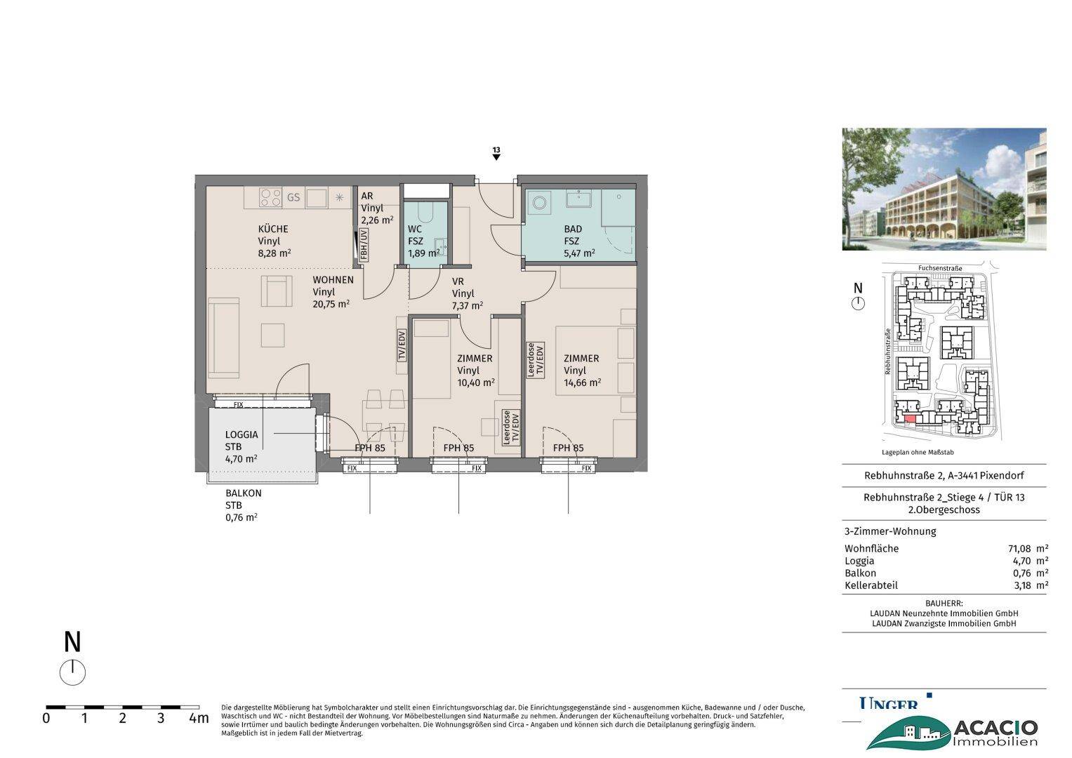 Grundriss einer 3-Zimmer-Wohnung mit Loggia und Balkon, Gesamtfläche 71,08 m².