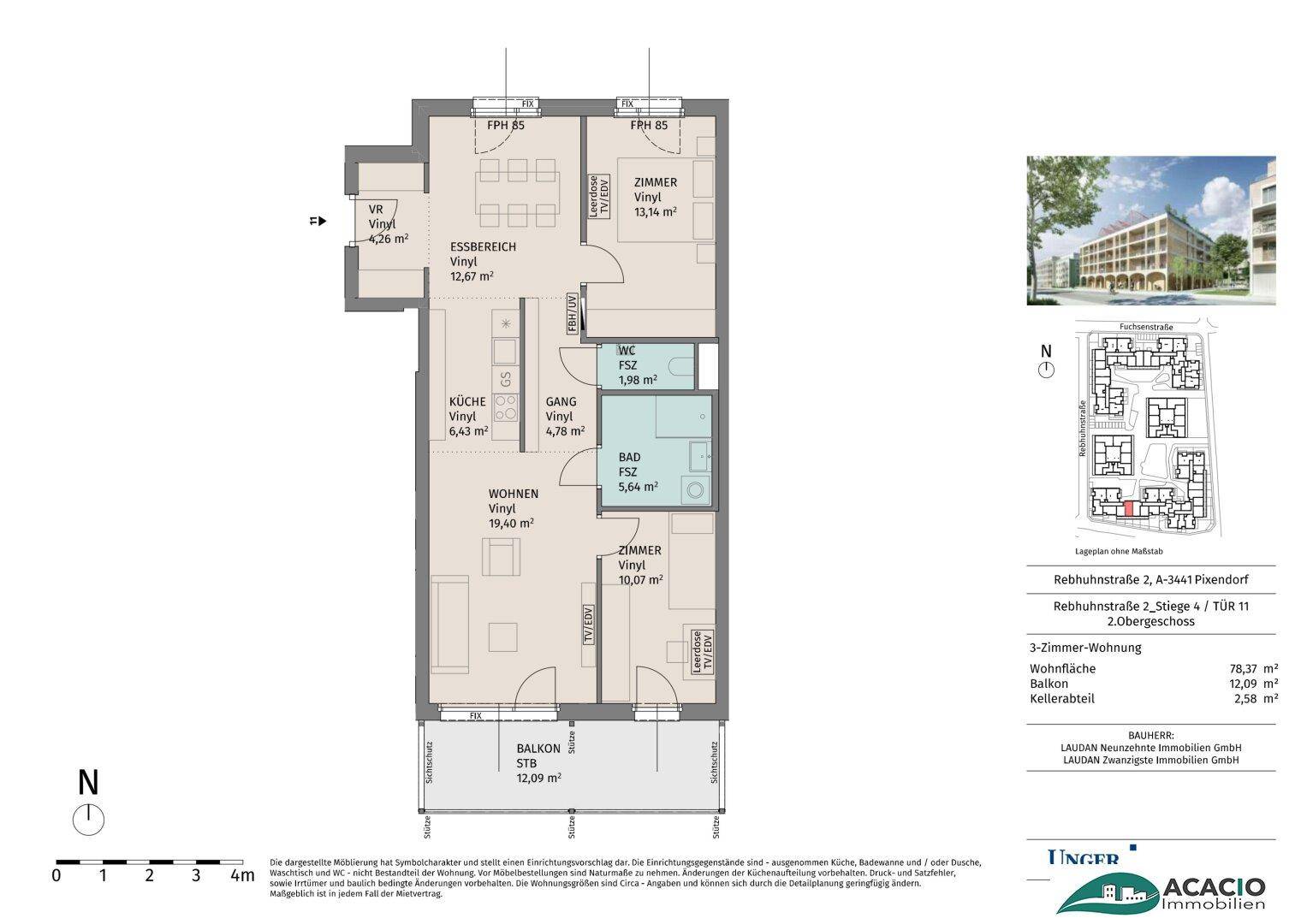 Detaillierter Grundriss einer 3-Zimmer-Wohnung mit Balkon und klarer Raumaufteilung.