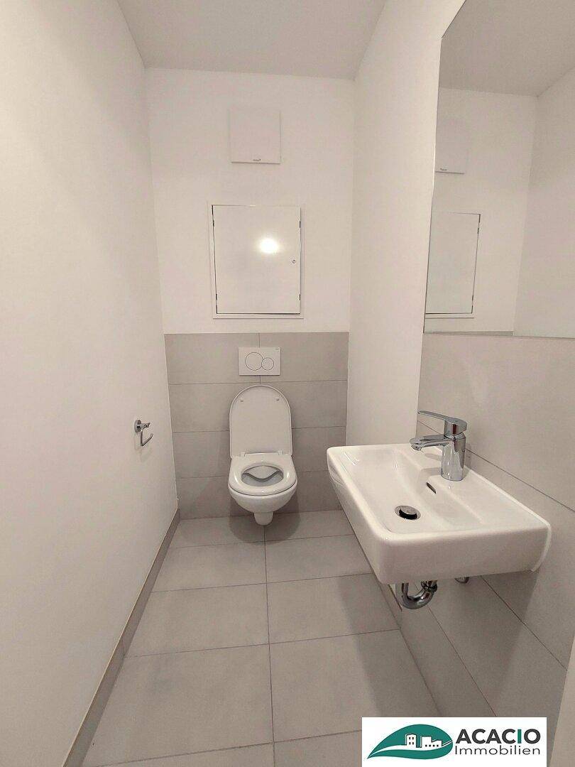 Separates WC mit wandhängender Toilette und kleinem Handwaschbecken.