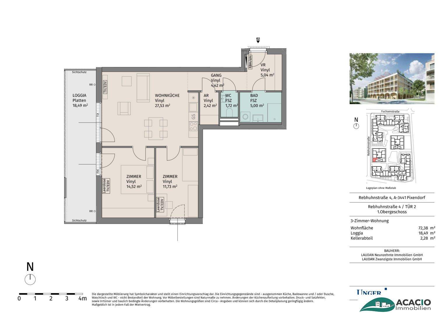 Grundriss einer 3-Zimmer-Wohnung mit Loggia und Kellerabteil.