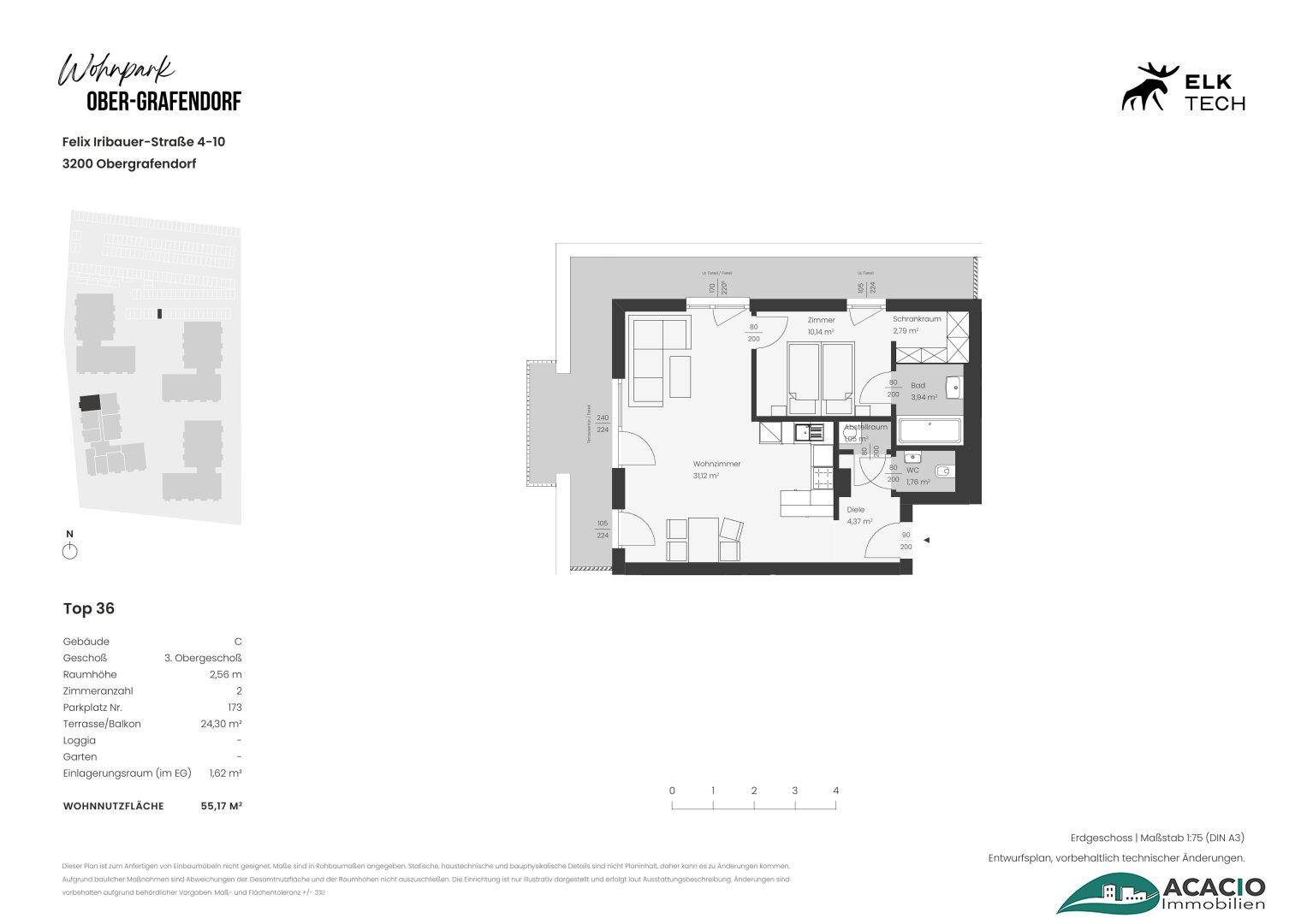 Grundriss der Wohnung Top 36 mit Wohnfläche von 55,17 m² und Terrasse.