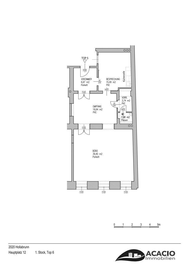 Grundriss einer Wohnung mit Empfangsbereich, Besprechungsraum und WC.