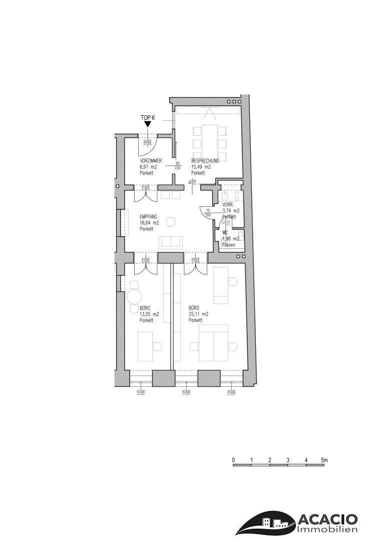 Grundriss einer Wohnung mit Empfang, Besprechungsraum und zwei Büros.
