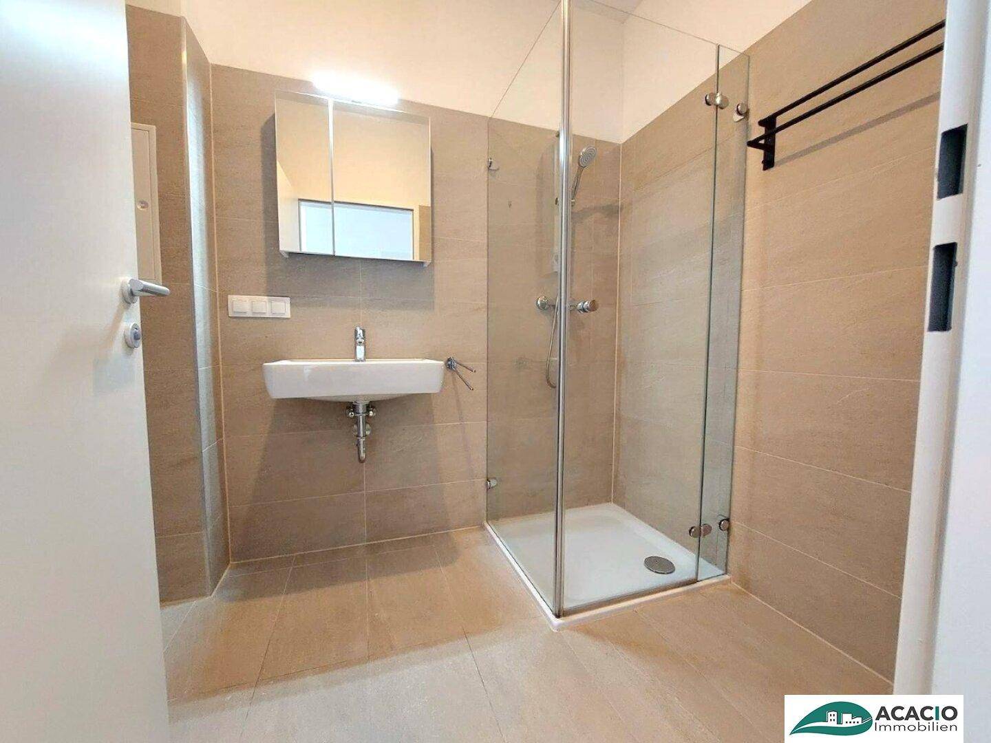 Modernes Badezimmer mit beigefarbenen Fliesen, Einzelwaschbecken und begehbarer Dusche.