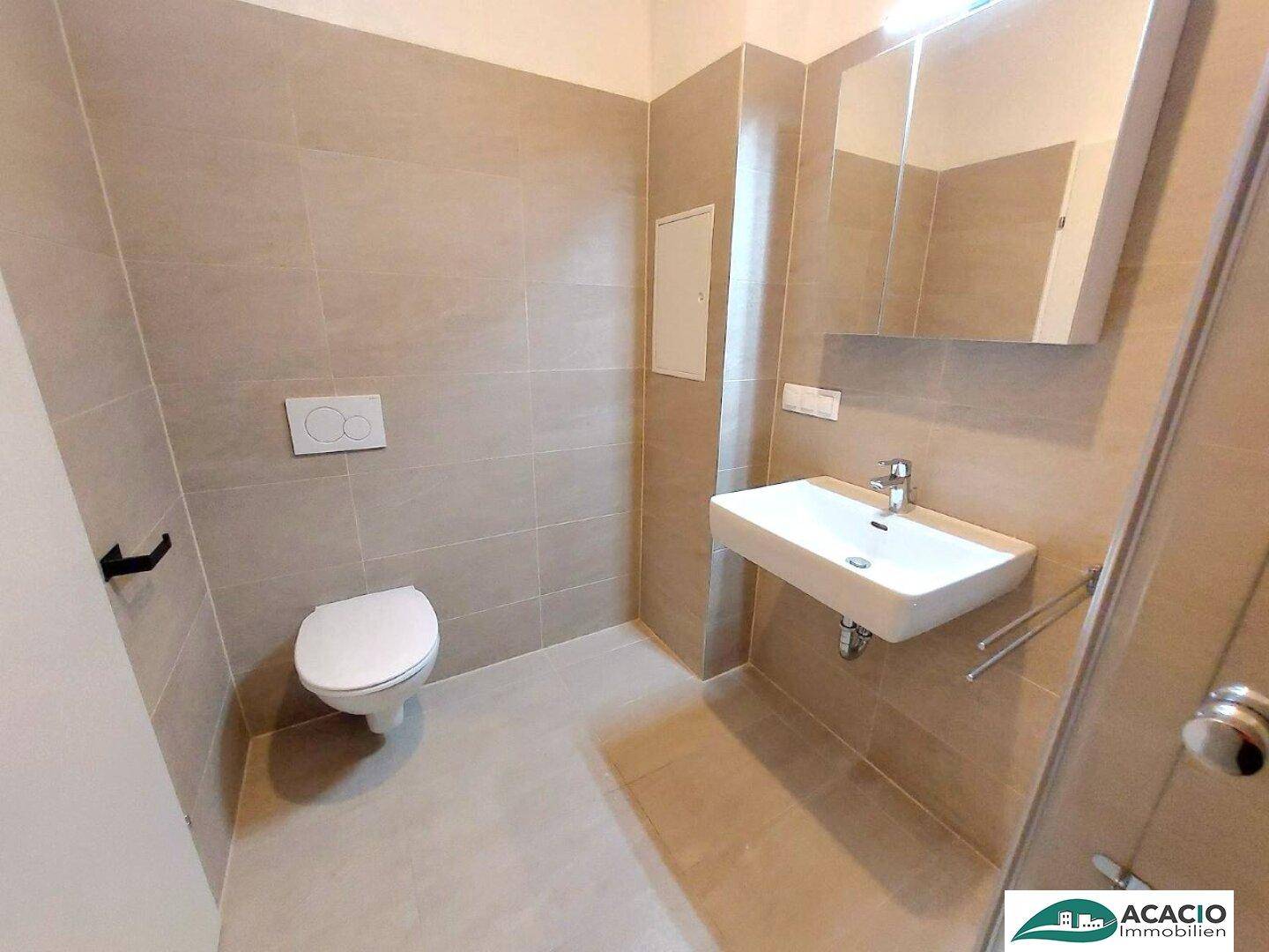 Modernes Badezimmer mit WC, Einzelwaschbecken und großem Spiegel.