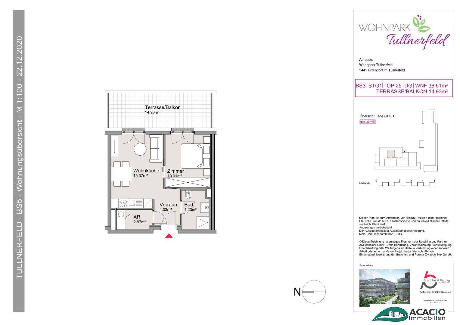 Grundriss einer Wohnung mit Wohnküche, Schlafzimmer, Bad und Terrasse/Balkon.