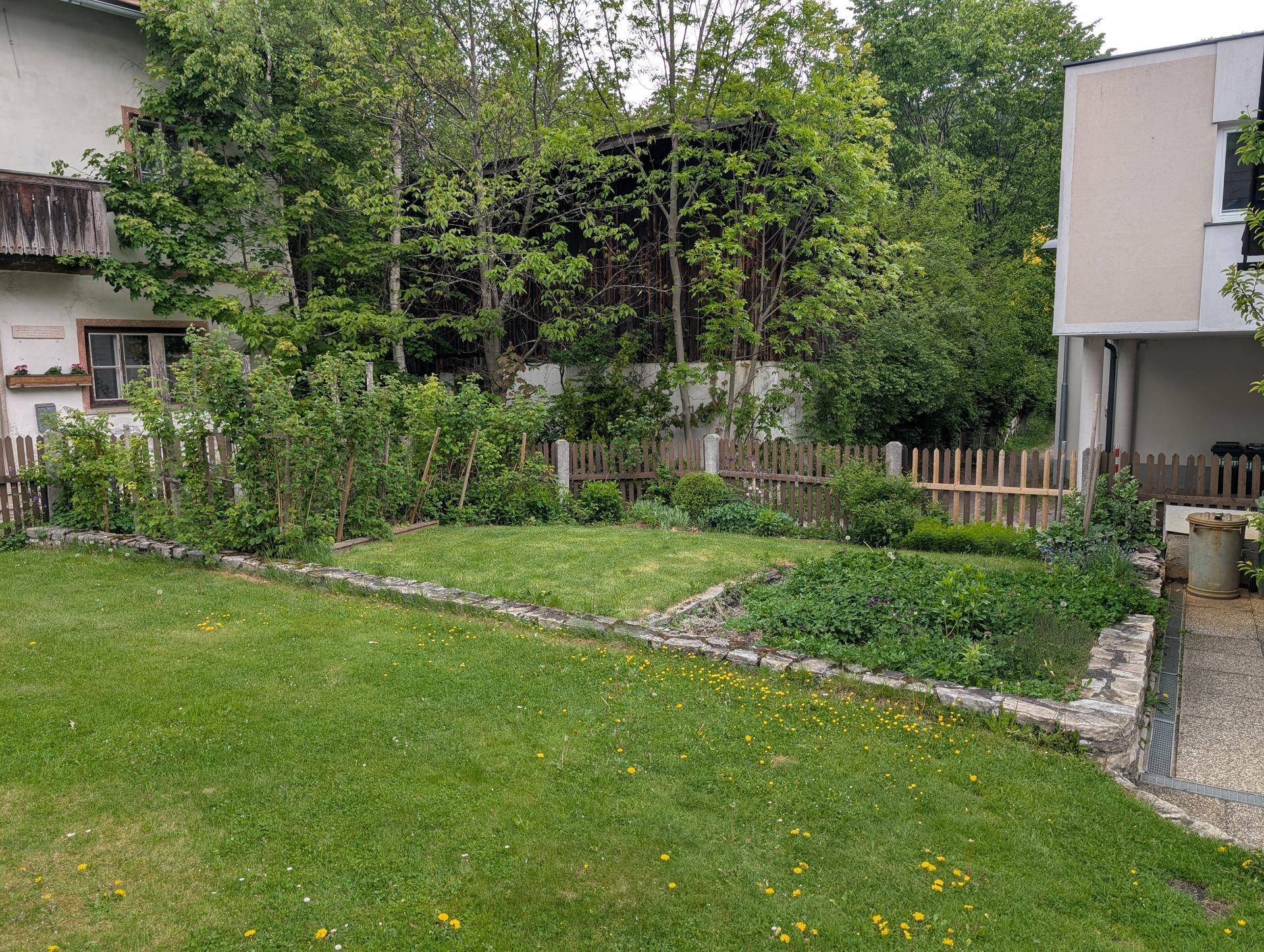 Kleinerer Gartenbereich mit Rasen, Beeten und Holzzaun, umgeben von Bäumen.