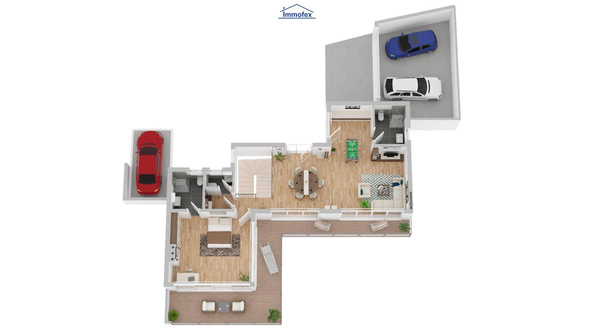 Grundriss des Erdgeschosses mit Wohnbereich, Schlafzimmer und Garage.