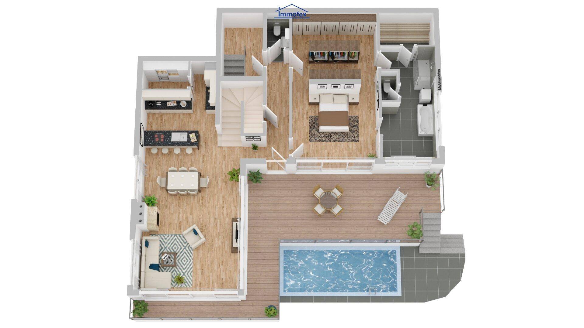 Grundriss des Obergeschosses mit Schlafzimmern, Bädern und einer großen Terrasse mit Pool.