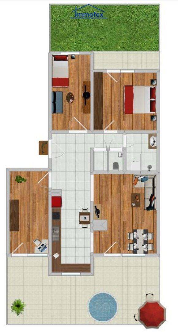 Detaillierter Grundriss der Wohnung mit Möblierung und Außenbereichen.