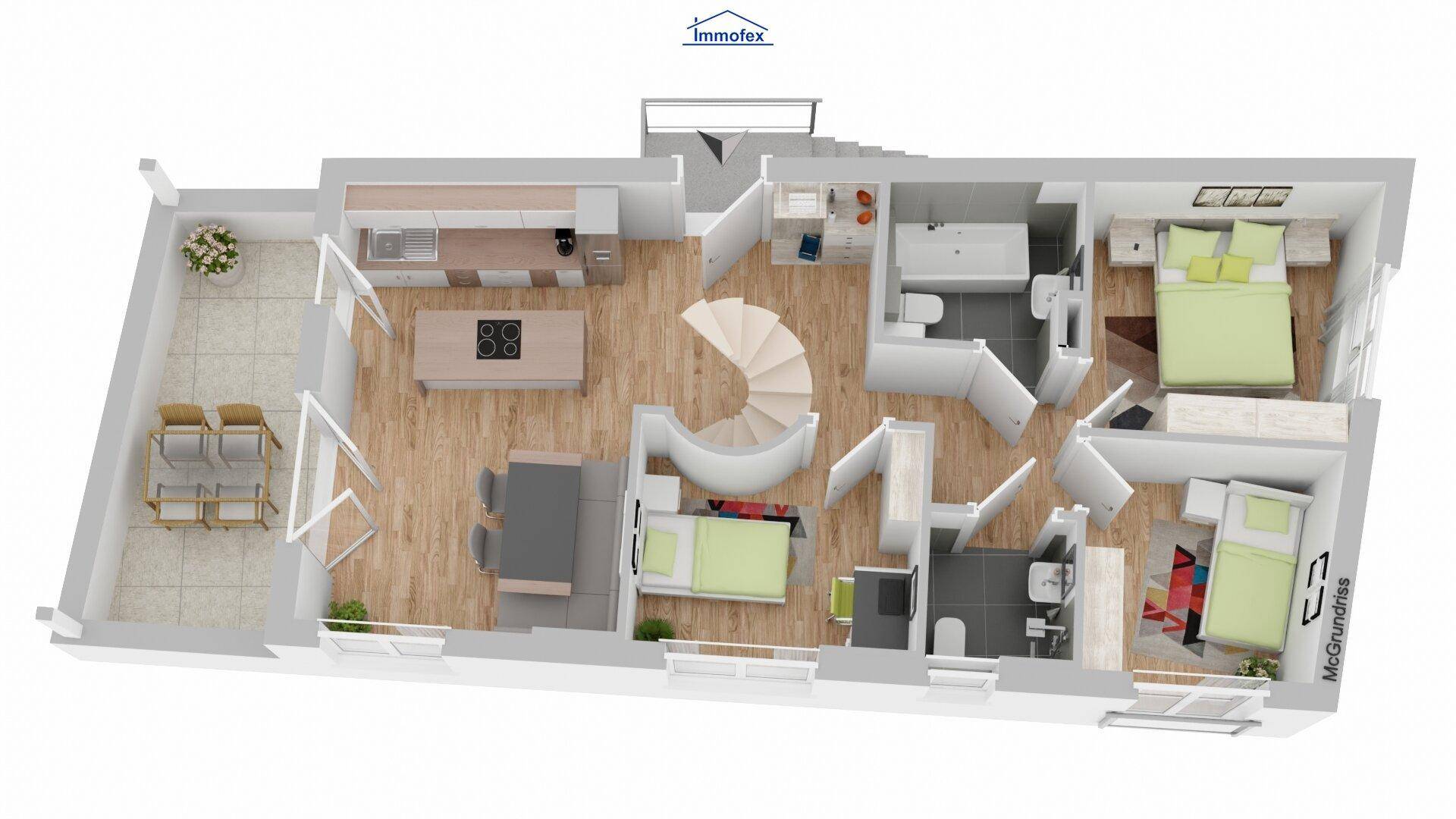 Detaillierter 3D-Grundriss einer Wohnung mit offener Küche, Wohnbereich und mehreren Schlafzimmern.