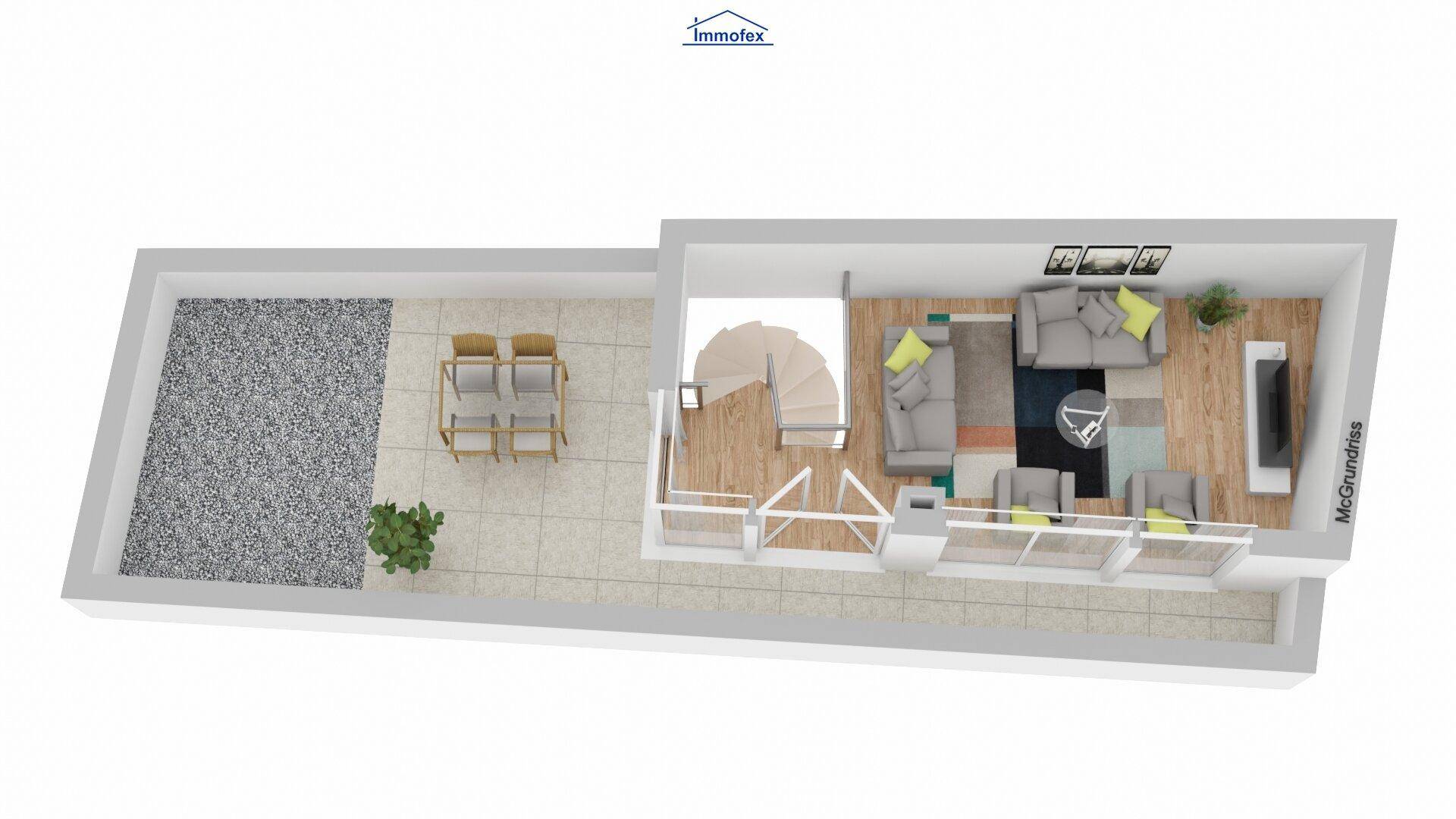 3D-Grundriss der oberen Etage mit Wohnzimmer, großer Terrasse und Außenbereich.