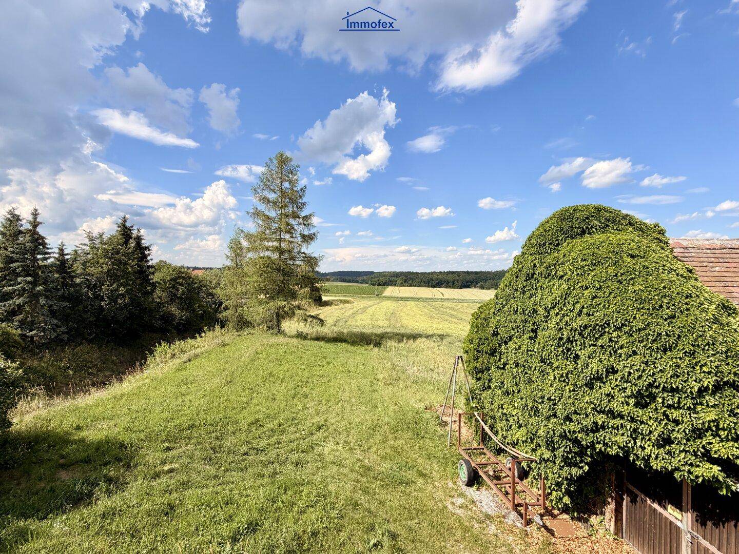 Weitläufiger Blick über grüne Felder und Bäume unter einem weiten blauen Himmel.