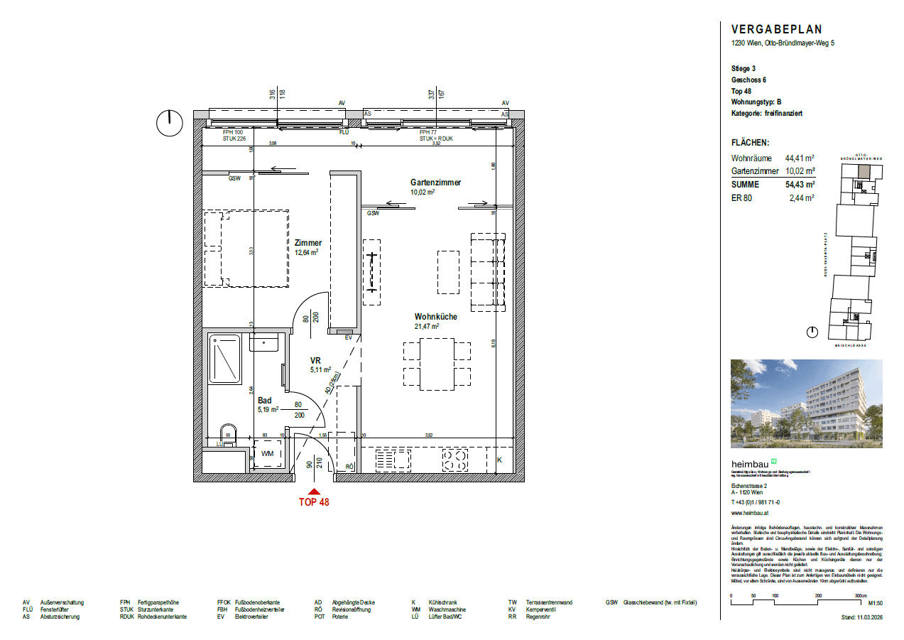 Grundriss einer Wohnung mit offener Wohnküche, Gartenzimmer und separatem WC.