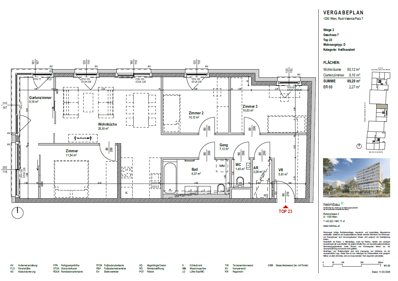 Detaillierter Grundriss einer Wohnung mit drei Zimmern, Wohnküche und Gartenanteil.