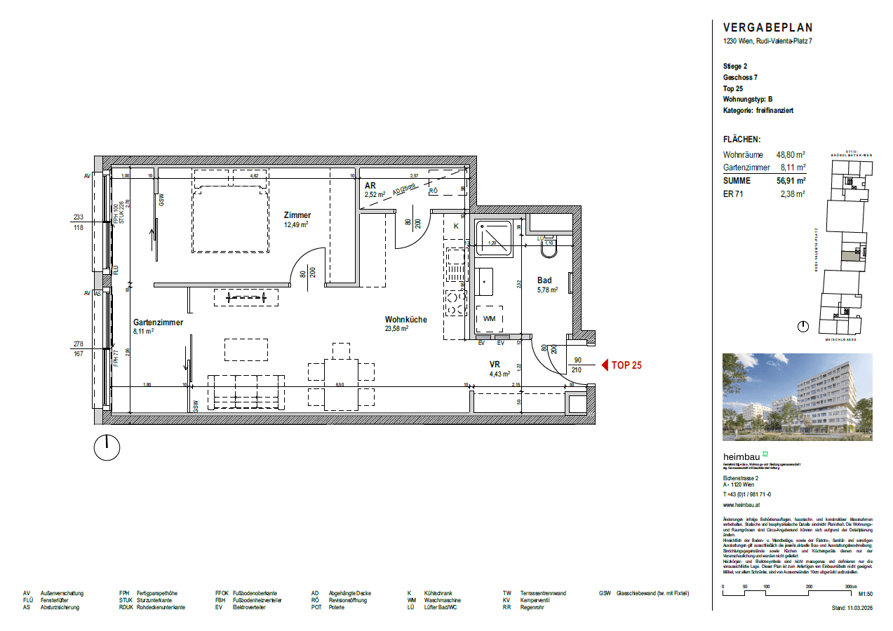 Detaillierter Grundriss einer modernen Wohnung mit offener Wohnküche, Schlafzimmer und direktem Zugang zum Gartenraum.