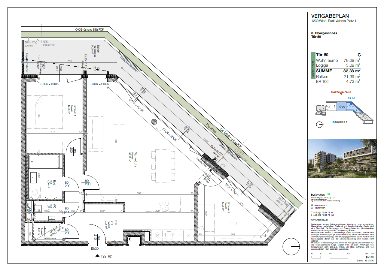 Grundriss einer Wohnung im 3. Obergeschoss mit Wohnzimmer, Loggia und Balkon.