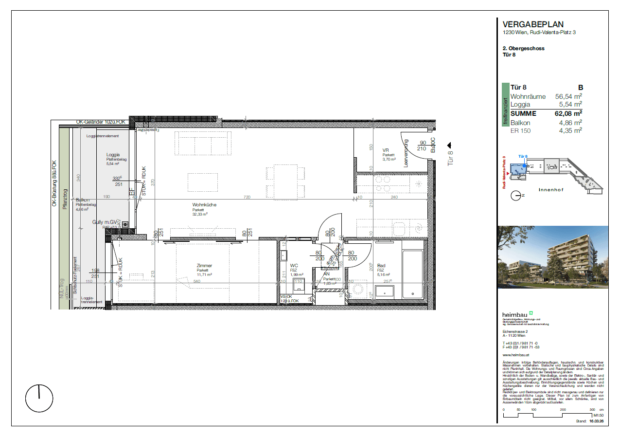 Detaillierter Grundriss einer Wohnung mit Wohnküche, Schlafzimmer, Bad und Loggia.