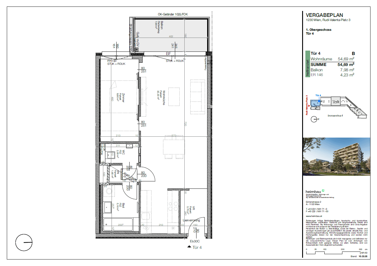 Grundrissplan einer Wohnung mit einem Schlafzimmer, offenem Wohnbereich und Balkon.