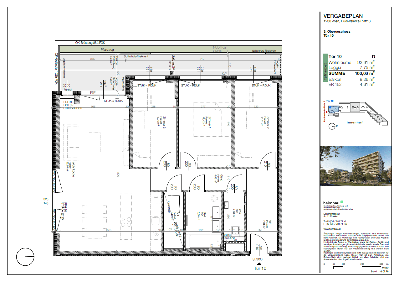 Grundriss einer Wohnung im 3. Obergeschoss mit drei Schlafzimmern, Loggia und Balkon.