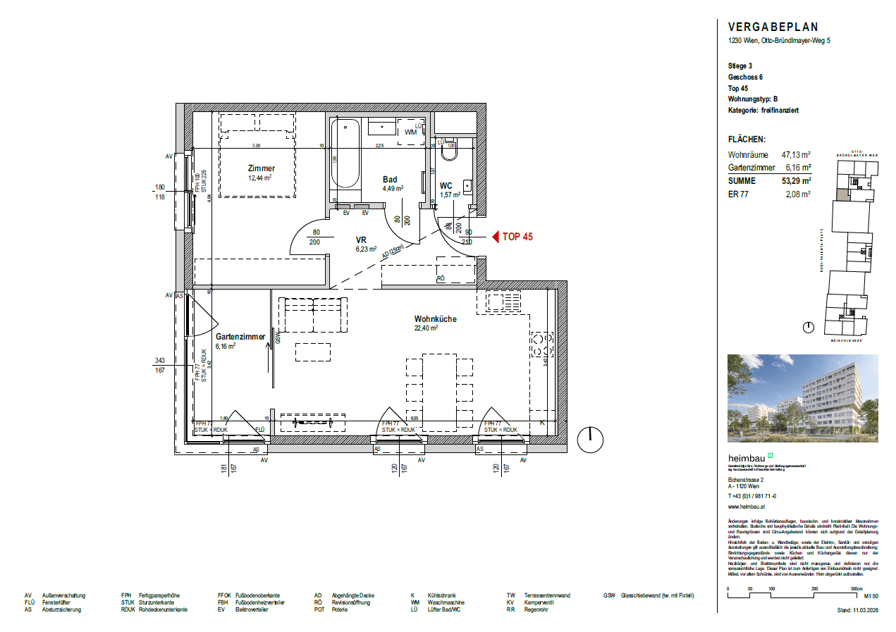 Grundriss einer Wohnung mit Wohnküche, Schlafzimmer, Bad und zwei Gartenbereichen.