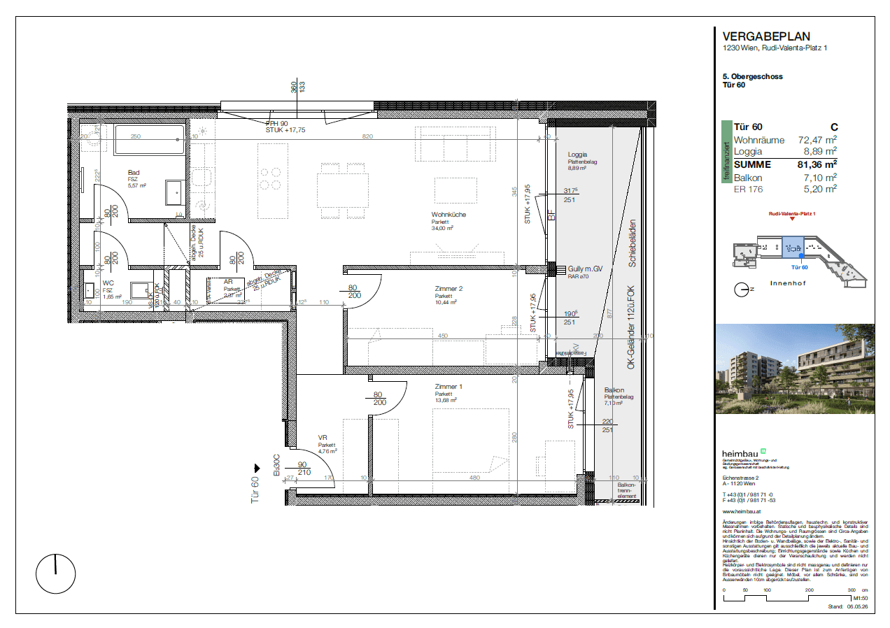 Detaillierter Grundriss einer Wohnung mit Wohnküche, zwei Zimmern, Bad und Loggia.