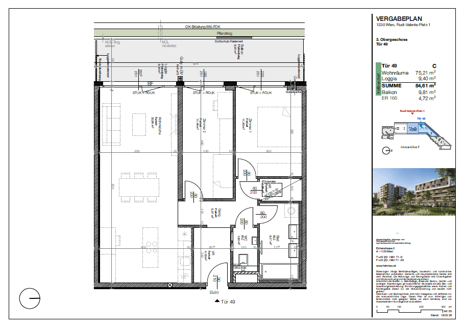 Grundriss einer Wohnung mit drei Zimmern, Loggia und Balkon, inklusive Flächenangaben.