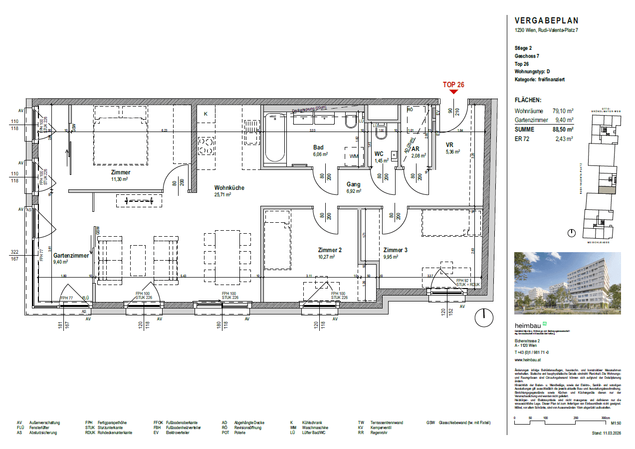 Detaillierter Grundriss einer Wohnung mit drei Zimmern, Wohnküche und Gartenanteil.