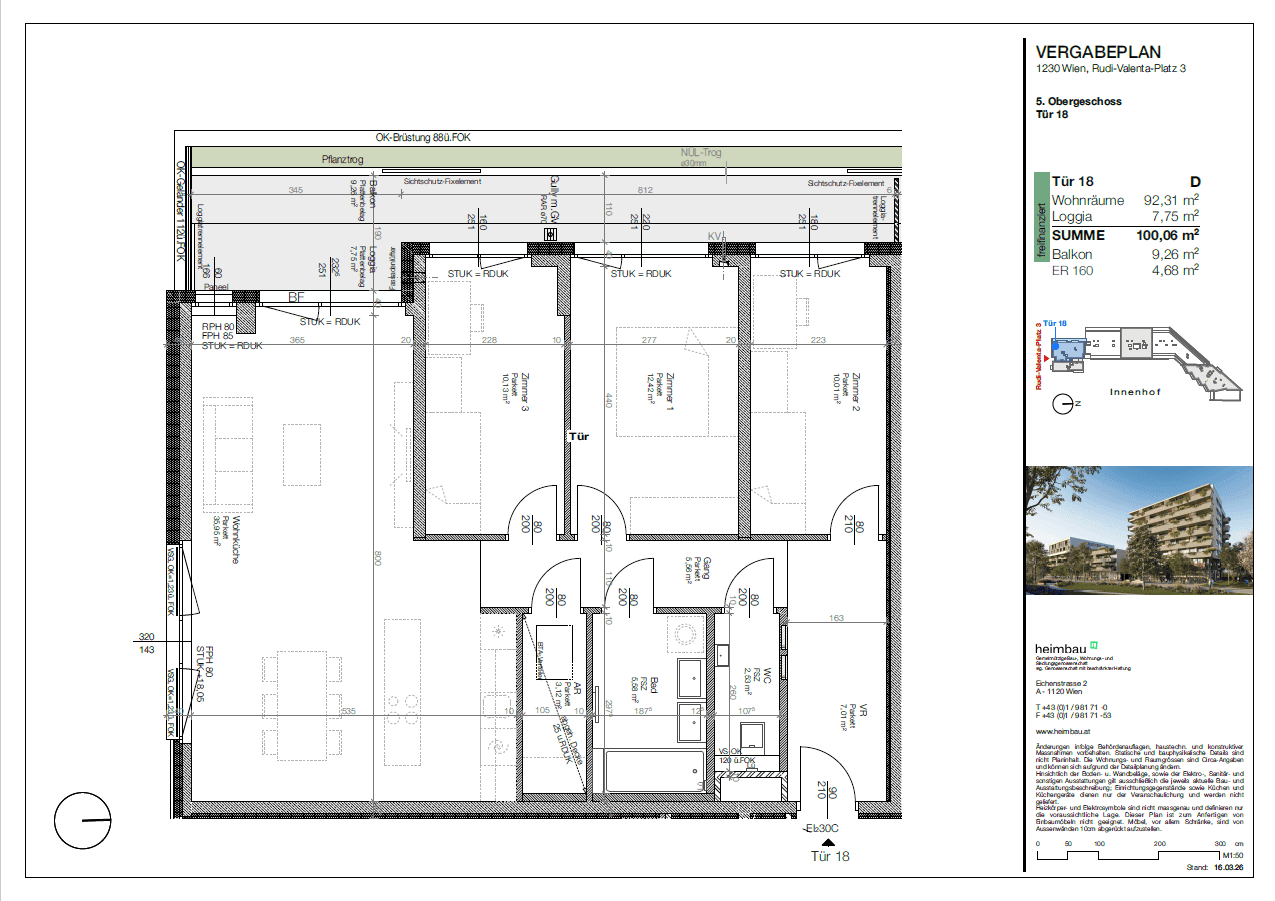 Grundriss einer Wohnung im 5. Obergeschoss mit drei Schlafzimmern und Balkon.